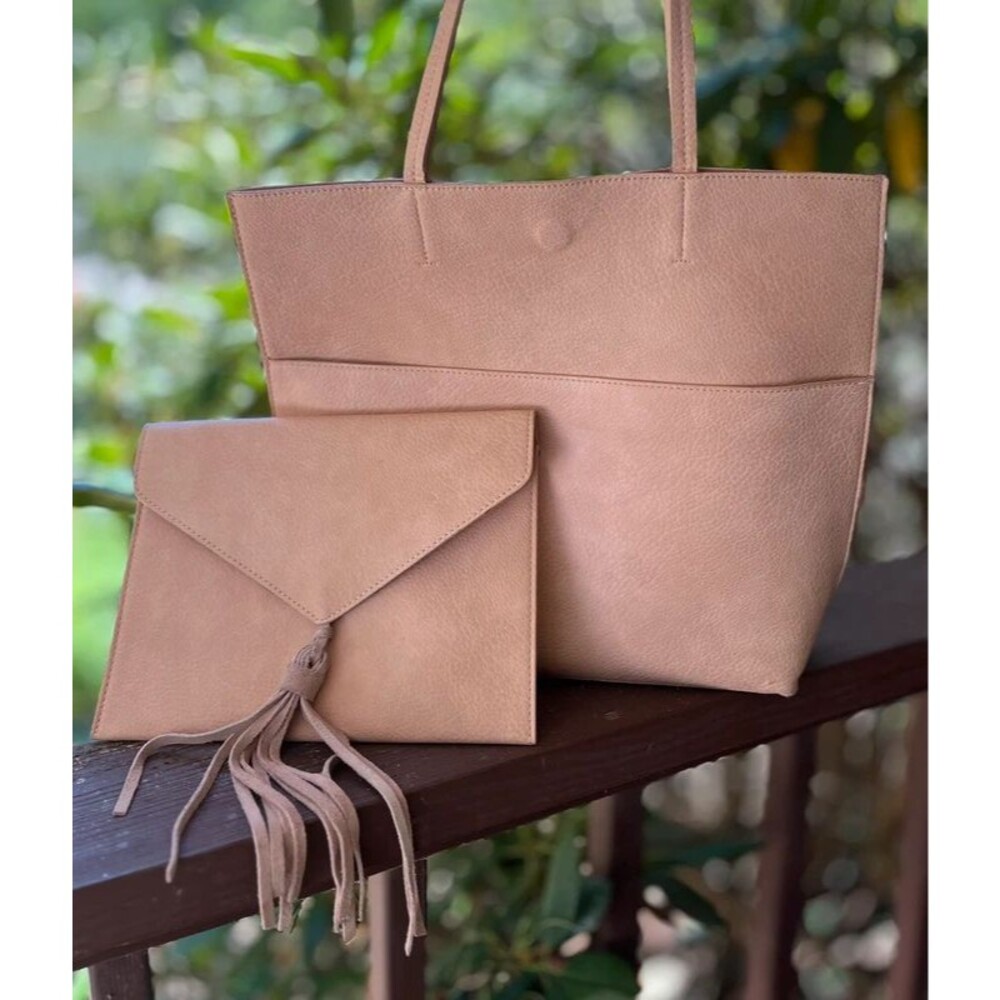 Street Level Blush Vegan Leather Tote Bag & Matching Tassel Pouch Set